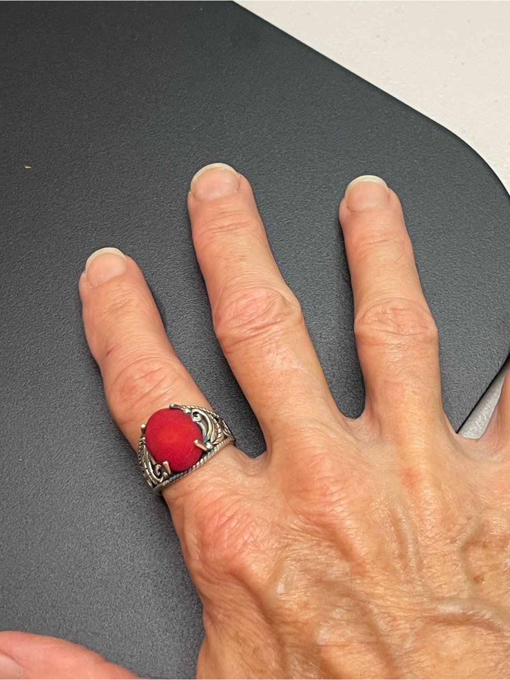 Red Coral Stone Sterling Silver Filigree Statement Ring